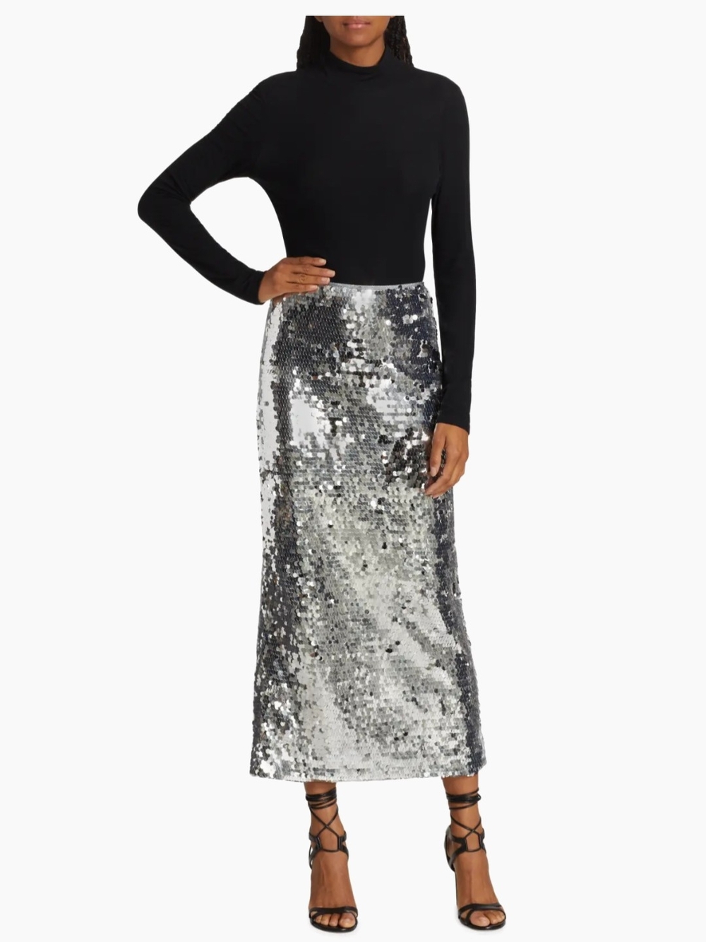 Ronny Kobo Silver Sequin Maxi Skirt